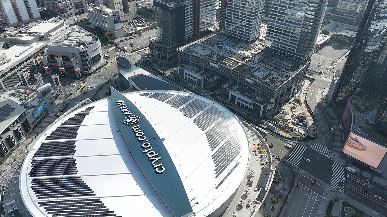 Aerial view of Crypto.com Arena in Los Angeles, venue for UFC 331