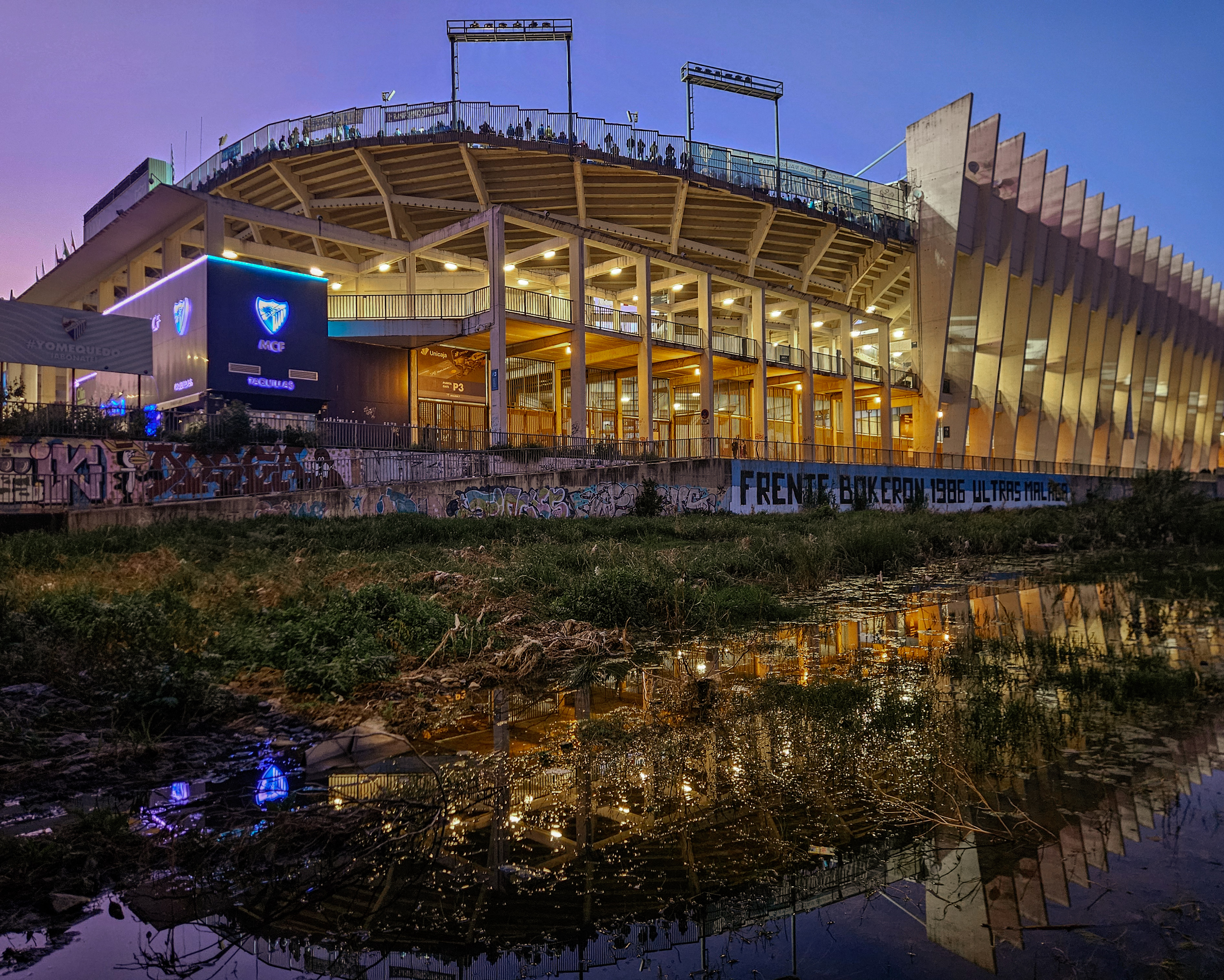 Estadio La Rosaleda in Málaga at dusk