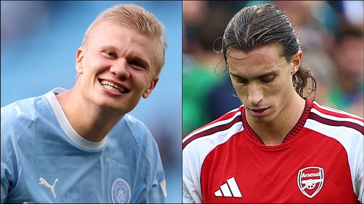 Manchester City's Erling Haaland alongside Arsenal defender Riccardo Calafiori