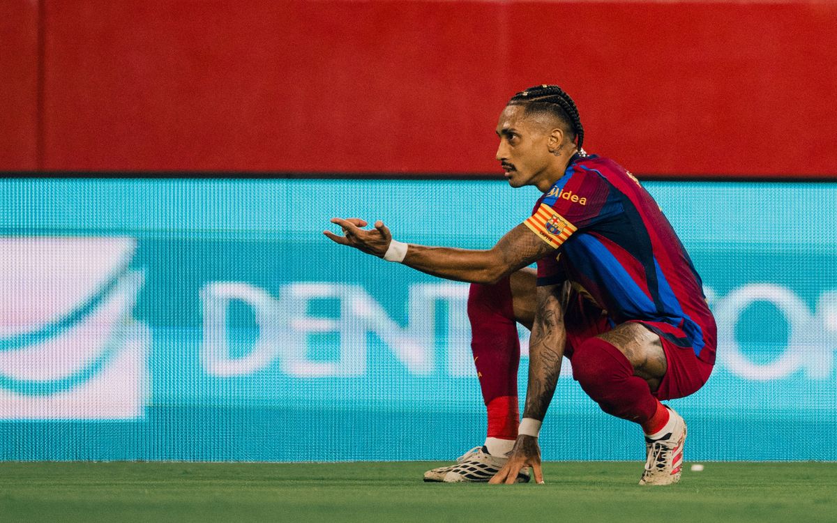 Barcelona captain Raphinha during the 3-1 La Liga win away to Sevilla