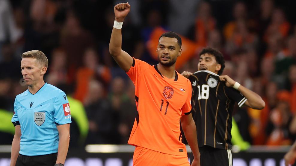 Cody Gakpo celebrates his late equaliser for the Netherlands against Germany