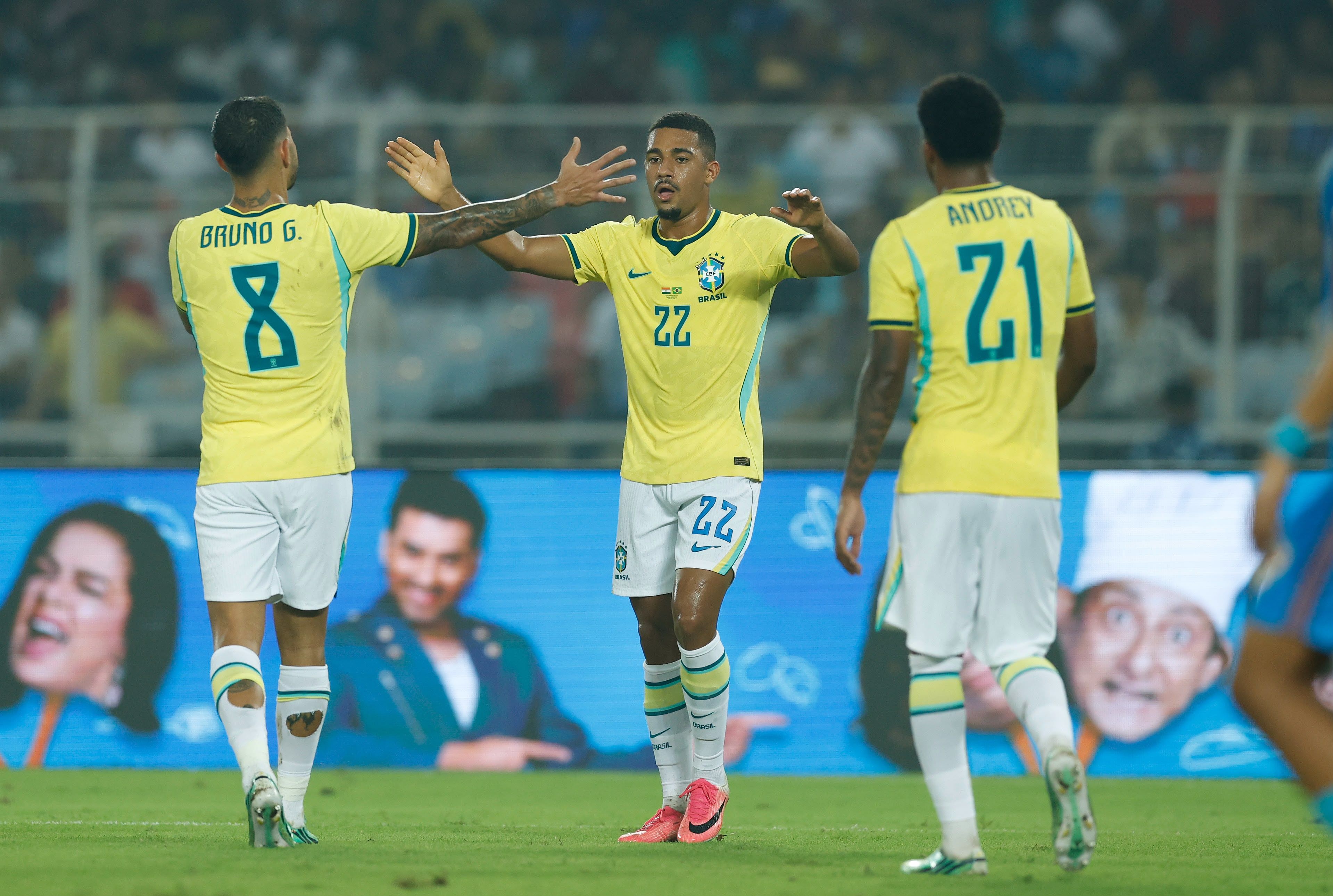 Brazil players celebrate during the 4-0 friendly win over India in Kolkata